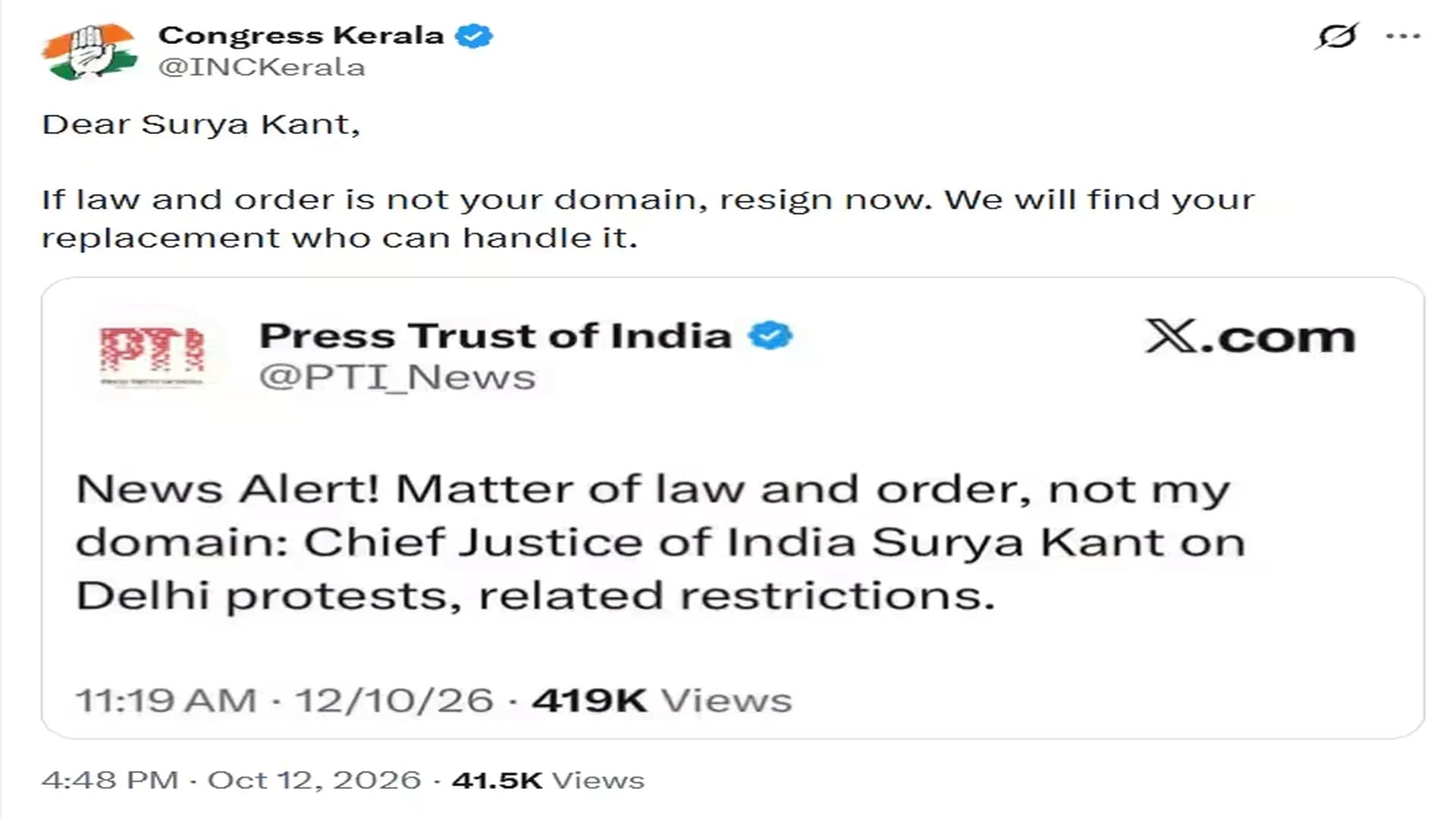 Kerala Congress Deletes Post Calling for CJI Surya Kant's Resignation, BJP Criticises Party Kerala Congress Deletes Post Calling for CJI Surya Kant's Resignation, BJP Criticises Party