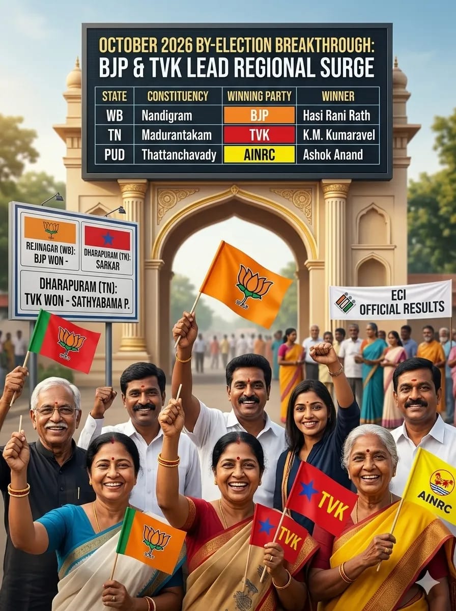 October 2026 Assembly By-Election Results: BJP and TVK Make Gains as Regional Politics Takes Centre Stage October 2026 Assembly By-Election Results: BJP and TVK Make Gains as Regional Politics Takes Centre Stage