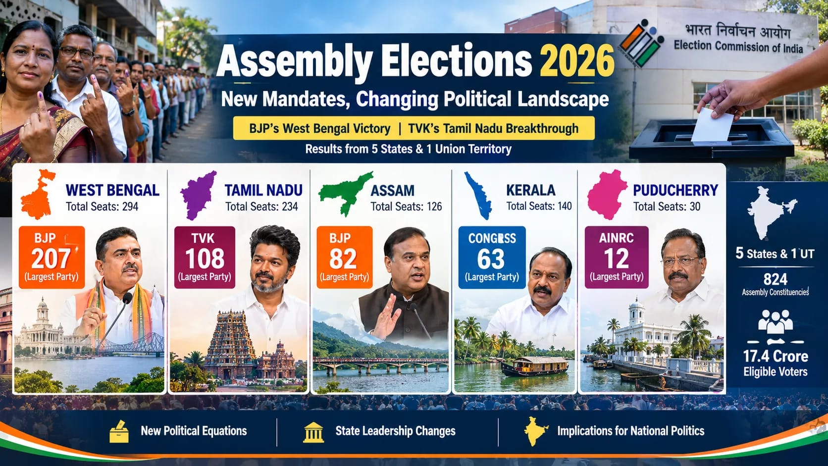 Assembly Elections 2026: BJP's West Bengal Victory and TVK's Tamil Nadu Breakthrough Reshape State Politics Assembly Elections 2026: BJP's West Bengal Victory and TVK's Tamil Nadu Breakthrough Reshape State Politics