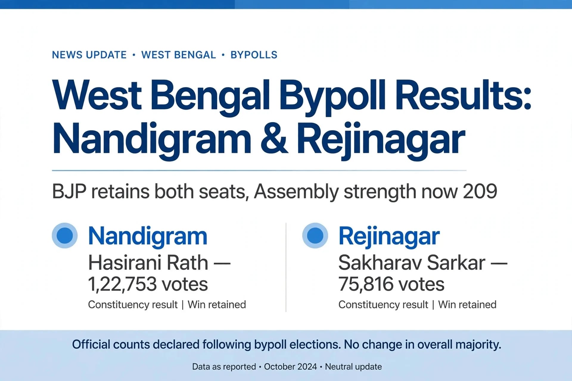 BJP Retains Nandigram and Rejinagar in West Bengal Bypolls Assembly Strength Rises to 209 BJP Retains Nandigram and Rejinagar in West Bengal Bypolls Assembly Strength Rises to 209