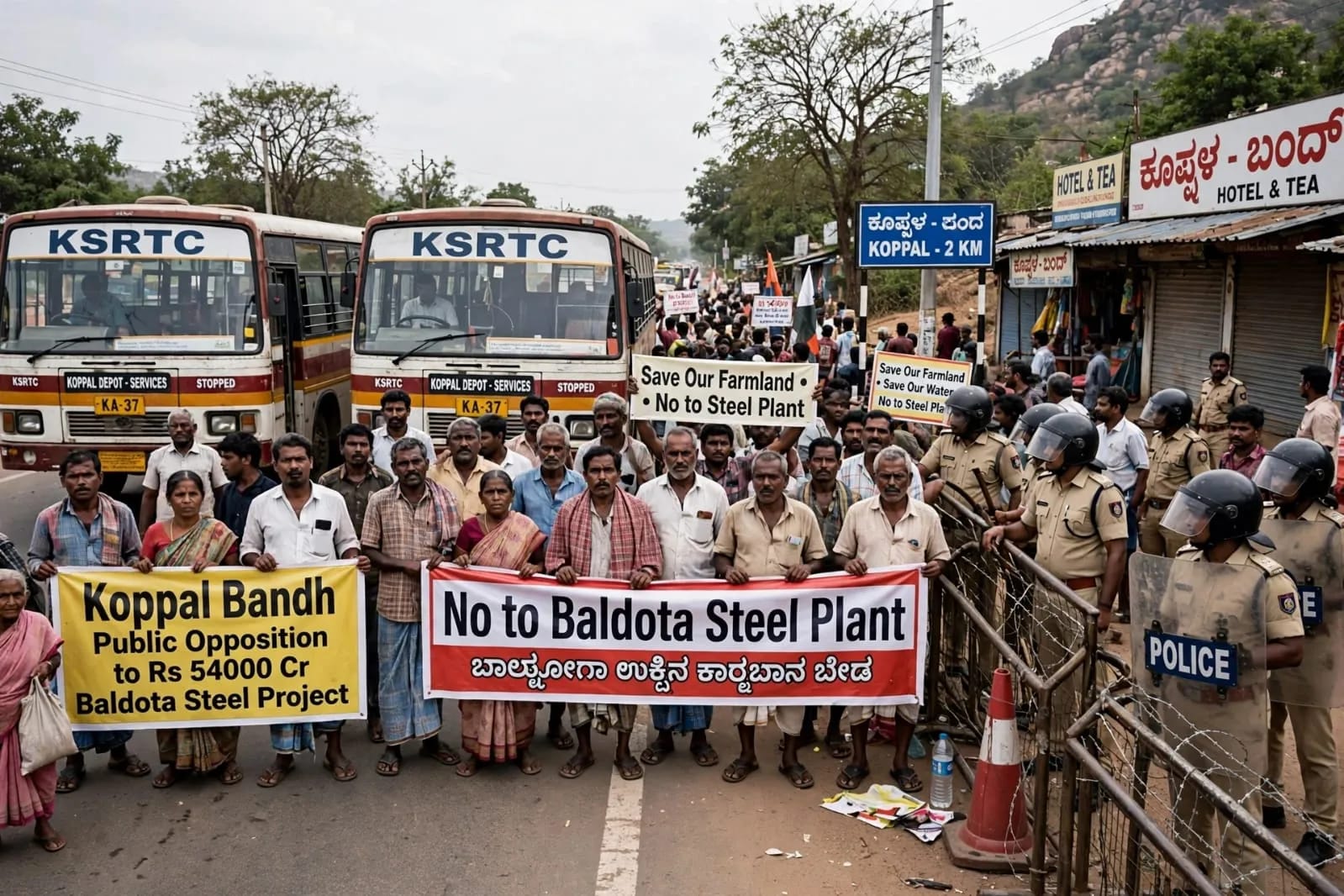 Koppal Bandh: ₹54,000-Crore Baldota Steel Project Faces Public Opposition; Police Tighten Security as KSRTC Services Disrupted Koppal Bandh: ₹54,000-Crore Baldota Steel Project Faces Public Opposition; Police Tighten Security as KSRTC Services Disrupted