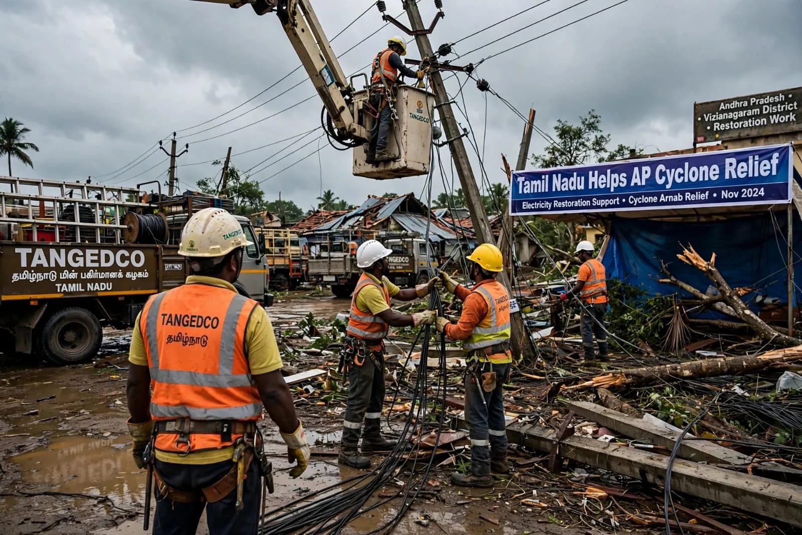 Tamil Nadu Extends Helping Hand to Andhra Pradesh: Sends Electricity Teams and Equipment to Restore Power After Cyclone Arnab Tamil Nadu Extends Helping Hand to Andhra Pradesh: Sends Electricity Teams and Equipment to Restore Power After Cyclone Arnab