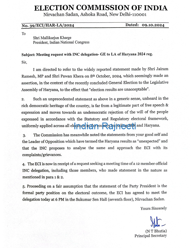 ECI-Letter Congress Leaders to meet ECI after confusion in Haryana Elections